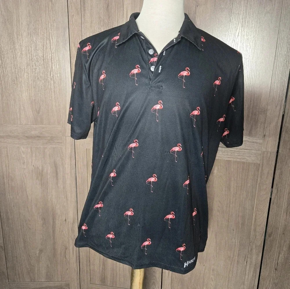 Mens golf Activewear black pink flamingo polo - Picture 10 of 11